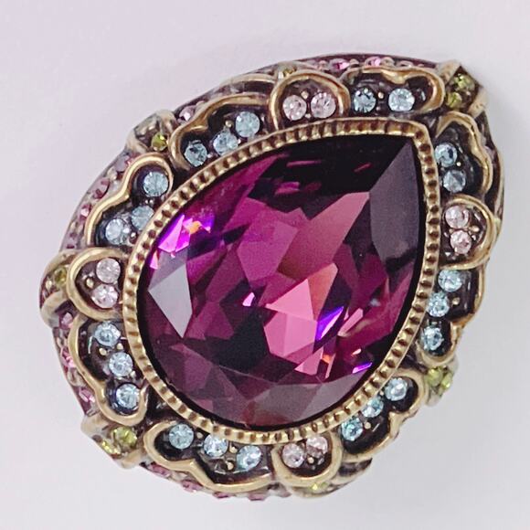 VTG Signed Heidi Daus Gold Tone Purple Rhinestone Clip On Earrings Collectible - Picture 3 of 11